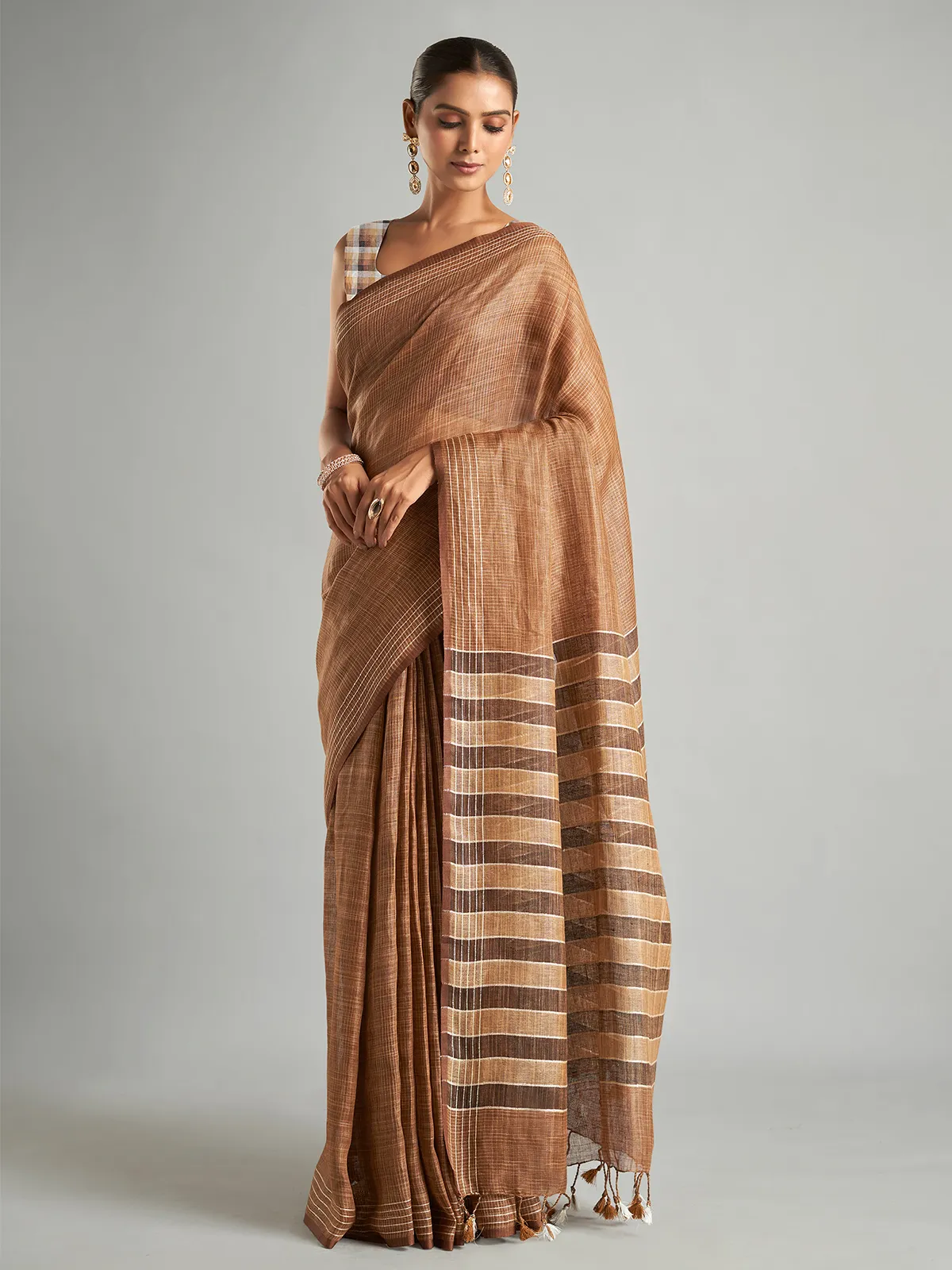 Brown cotton linen saree