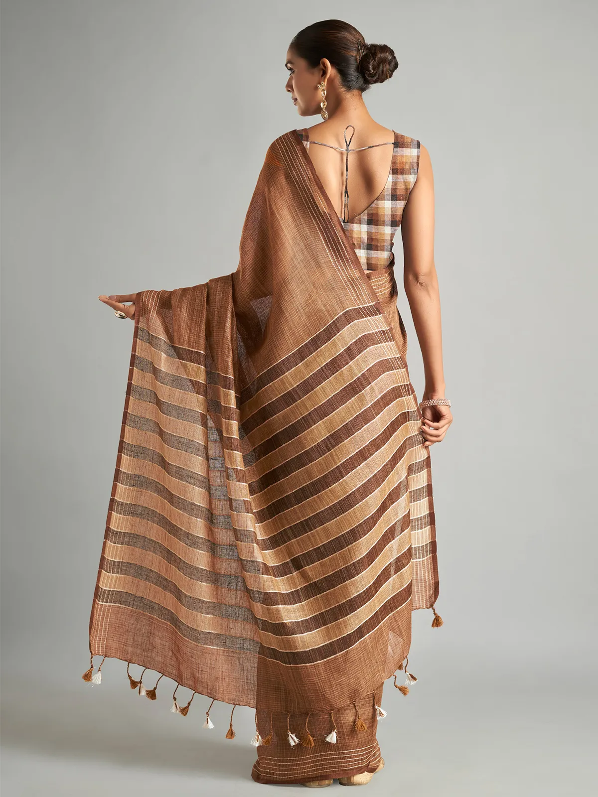 Brown cotton linen saree