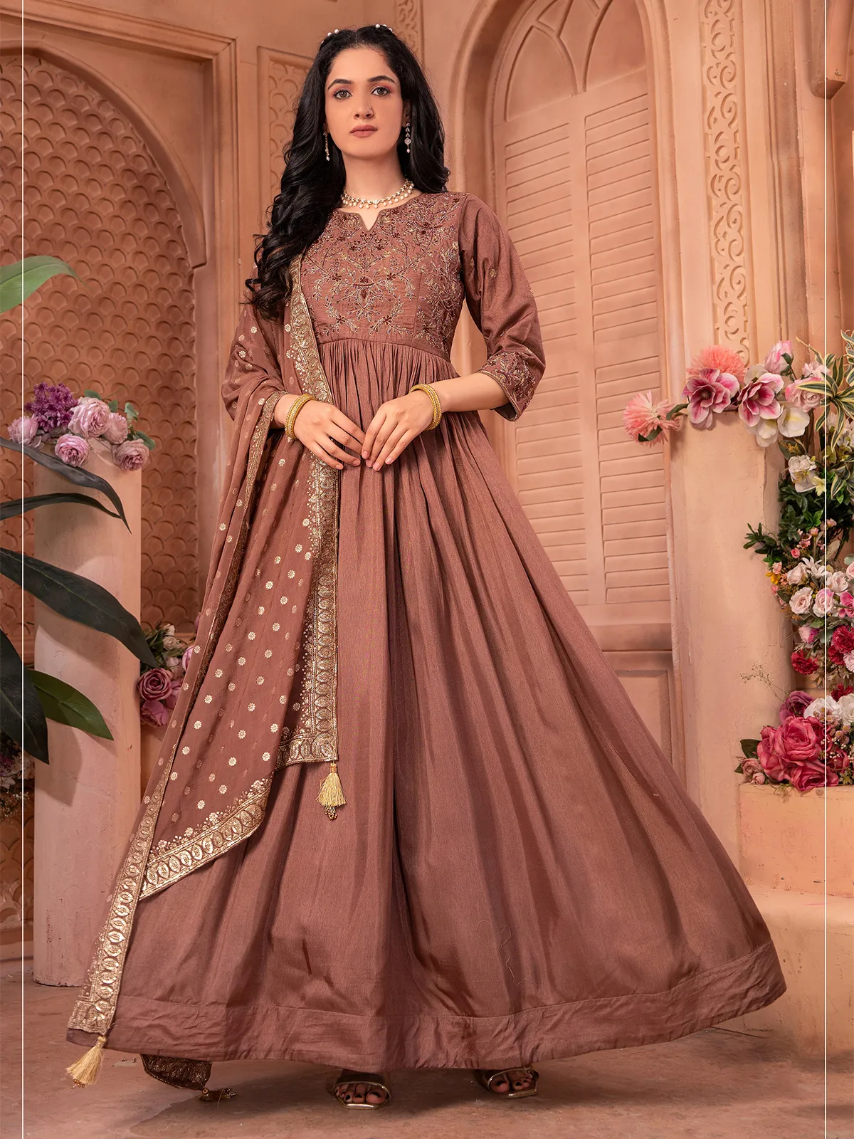 Brown dola silk anarkali suit