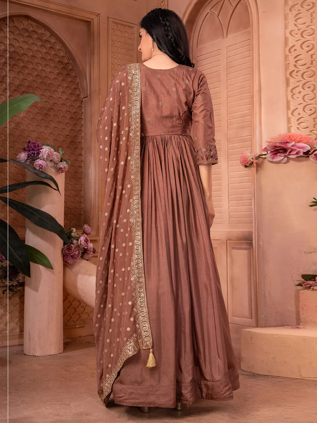 Brown dola silk anarkali suit