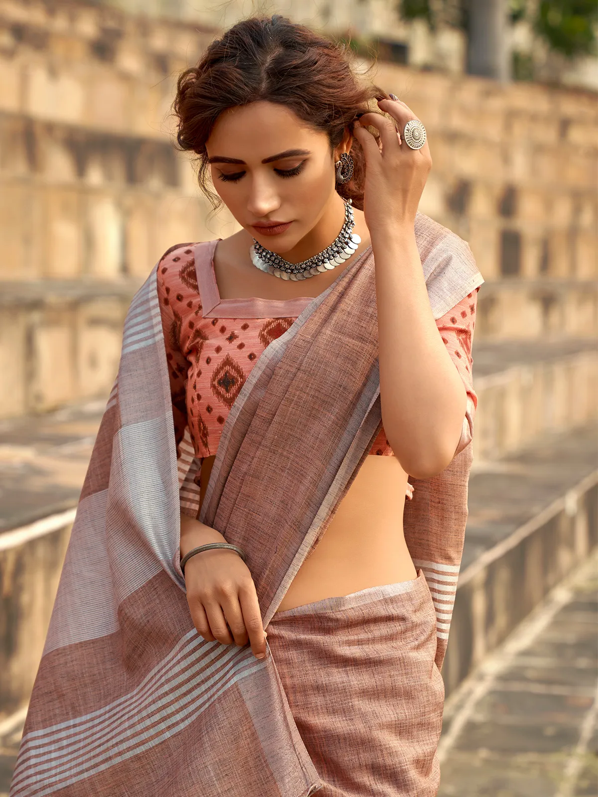 Brown linen silk saree