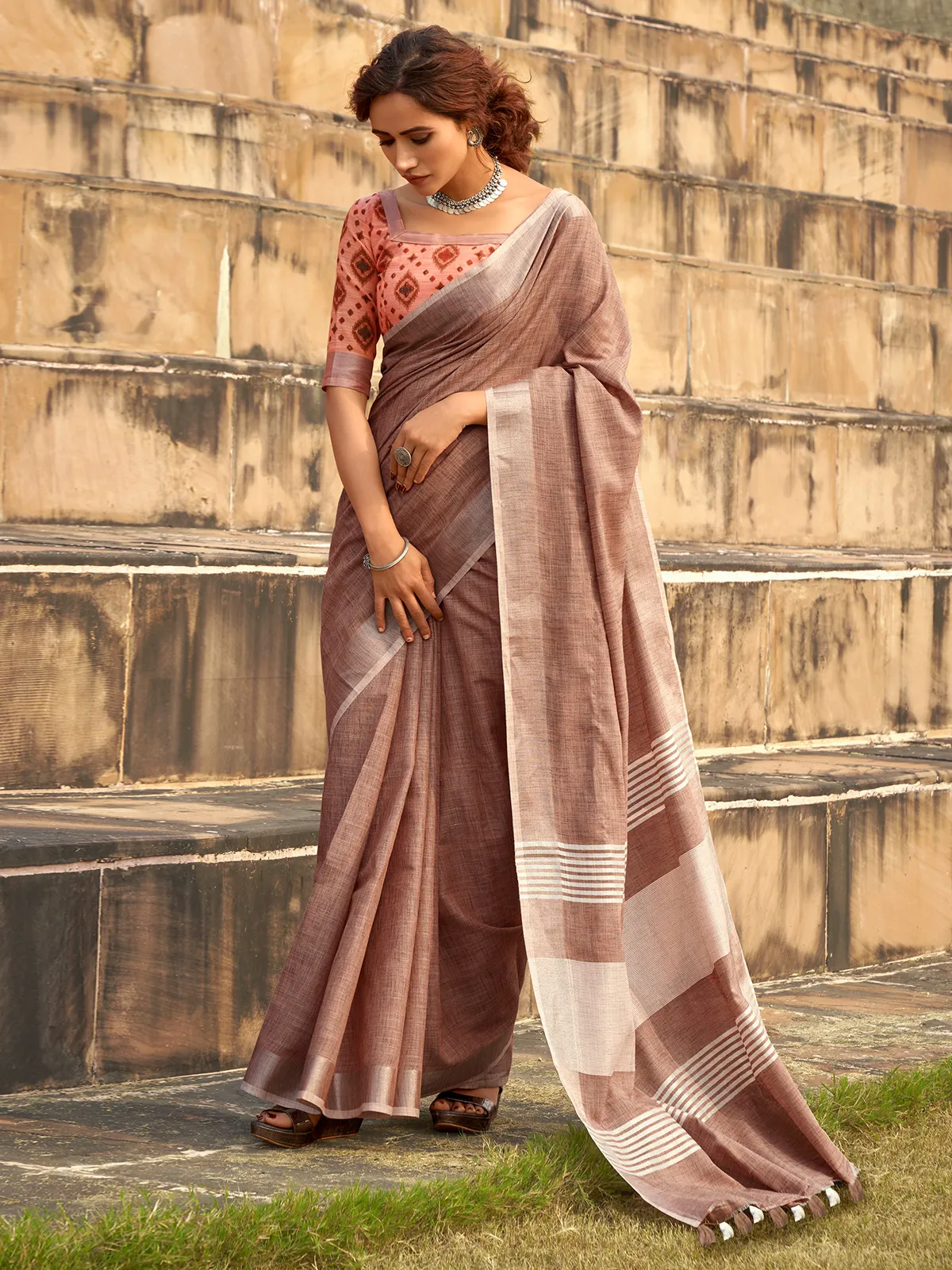 Brown linen silk saree