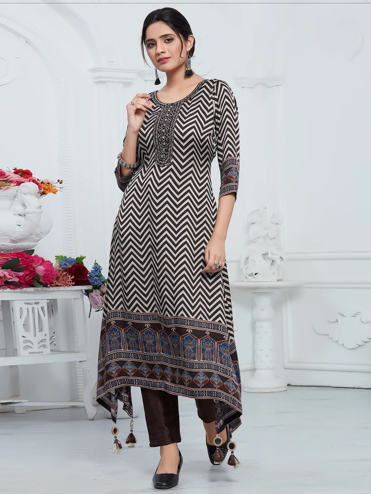 Brown muslin digital printed kurti