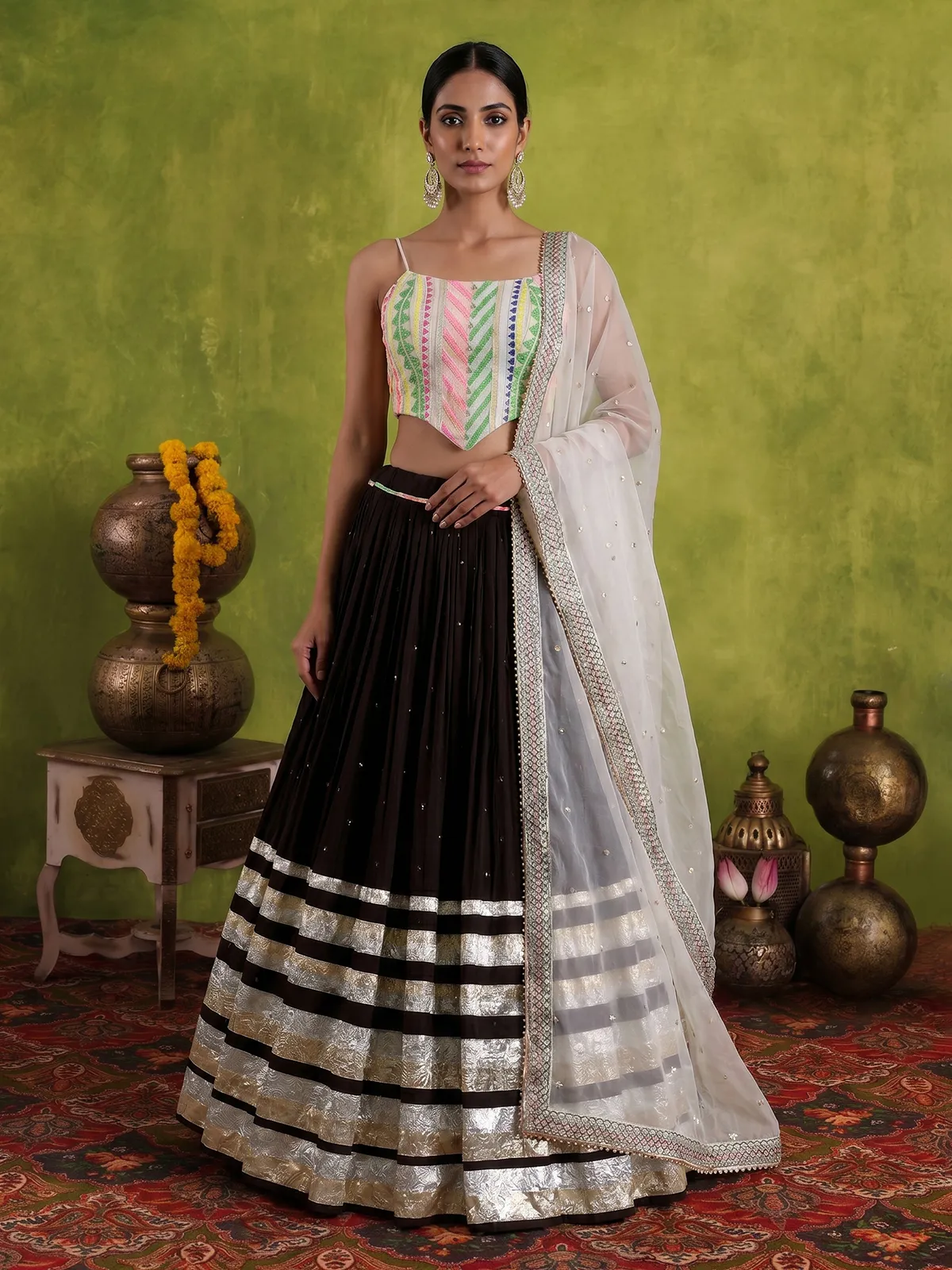 navratri dress for ladies online Brown Navratri Wear Tissue Silk Lehenga Choli With Gota Patti