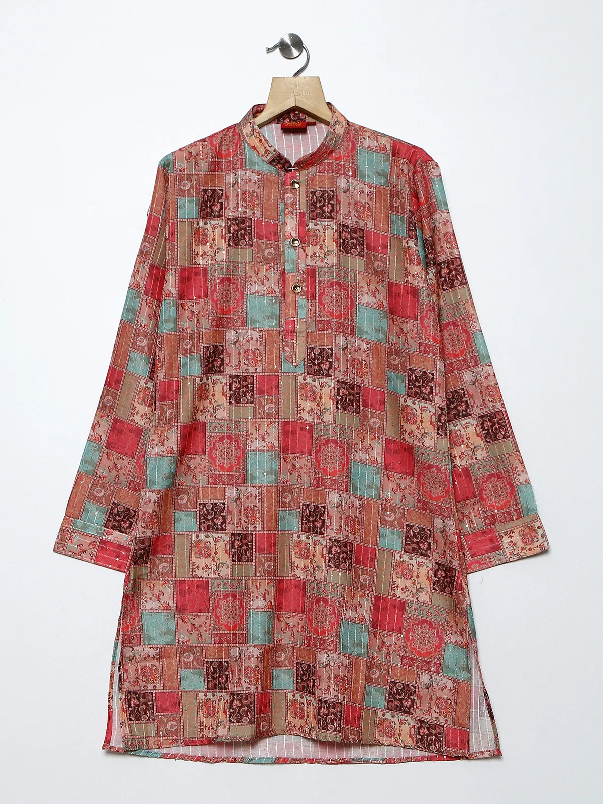 Brown printed boys silk kurta suit