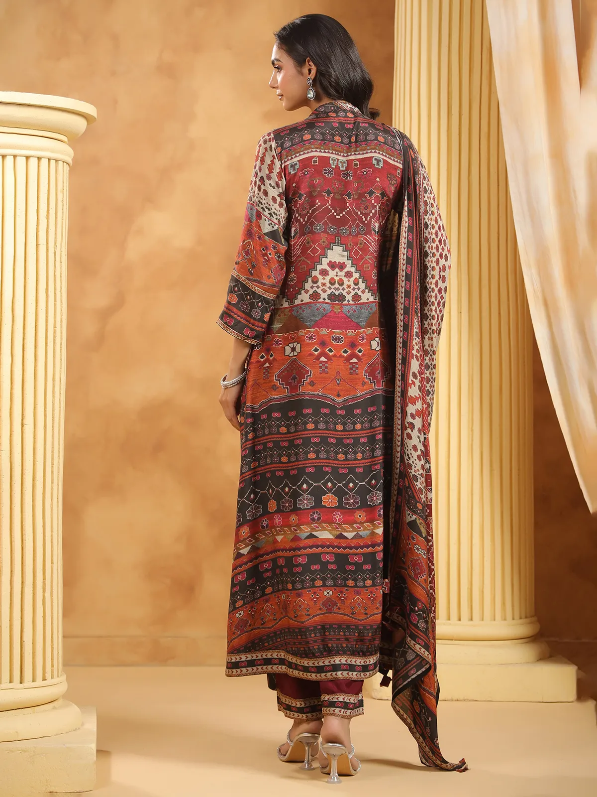 Brown printed cotton silk kurti set