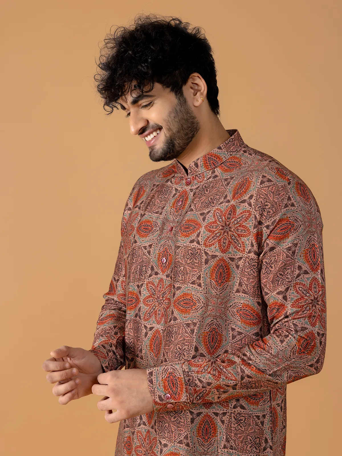 Brown printed kurta suit for festive