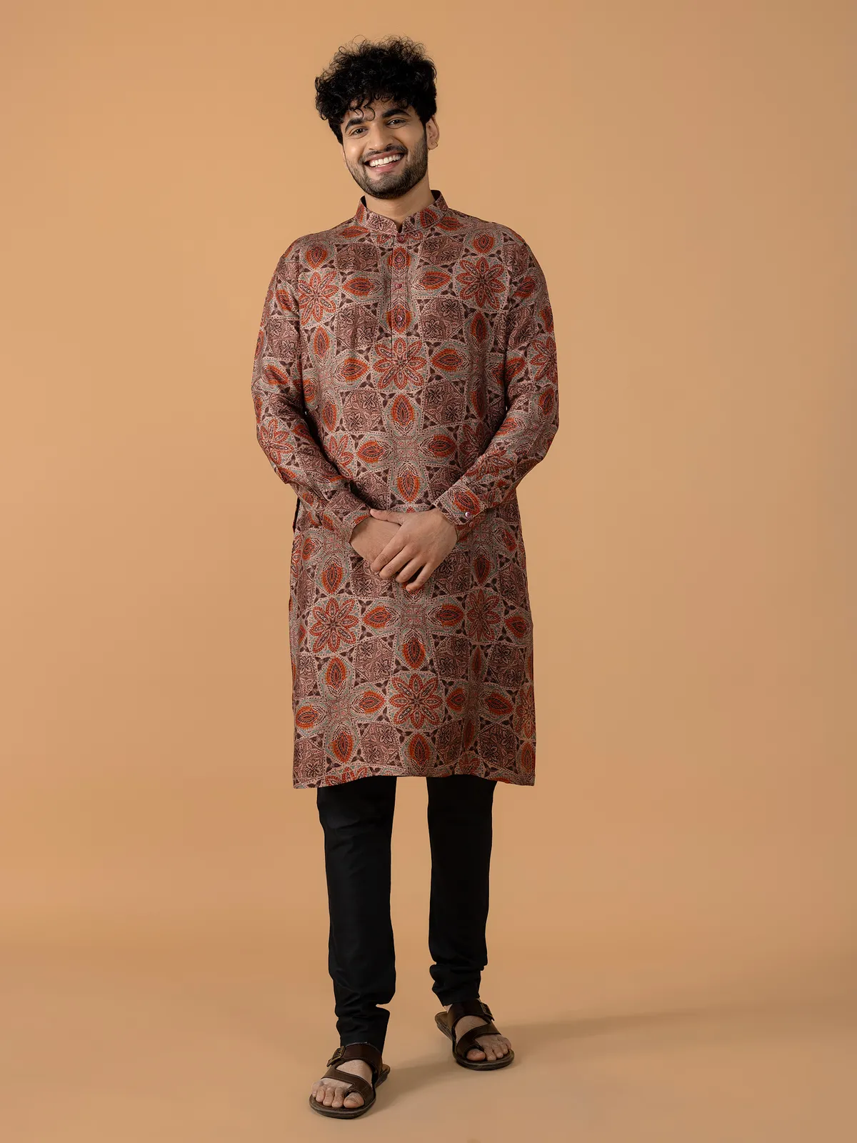 Brown printed kurta suit for festive