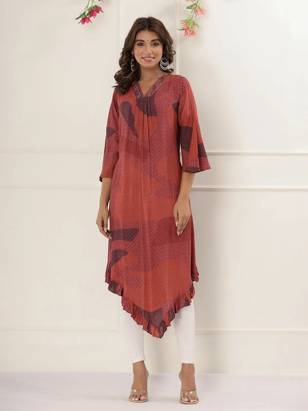 Brown printed kurti in cotton