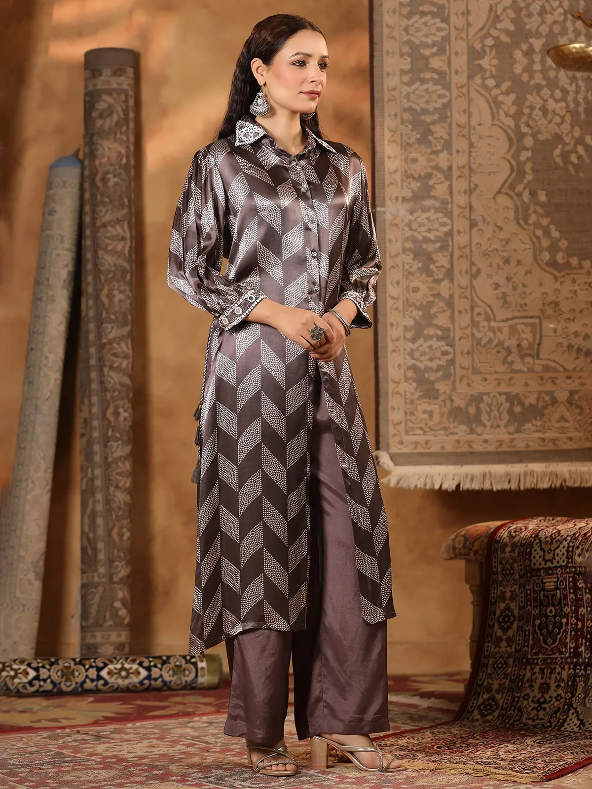 Brown printed kurti set in satin silk