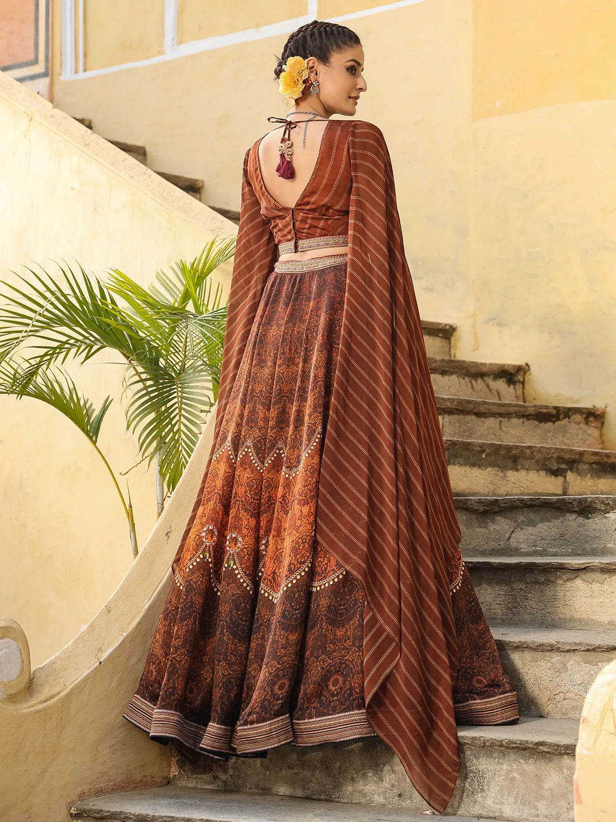 Brown satin wedding lehenga choli