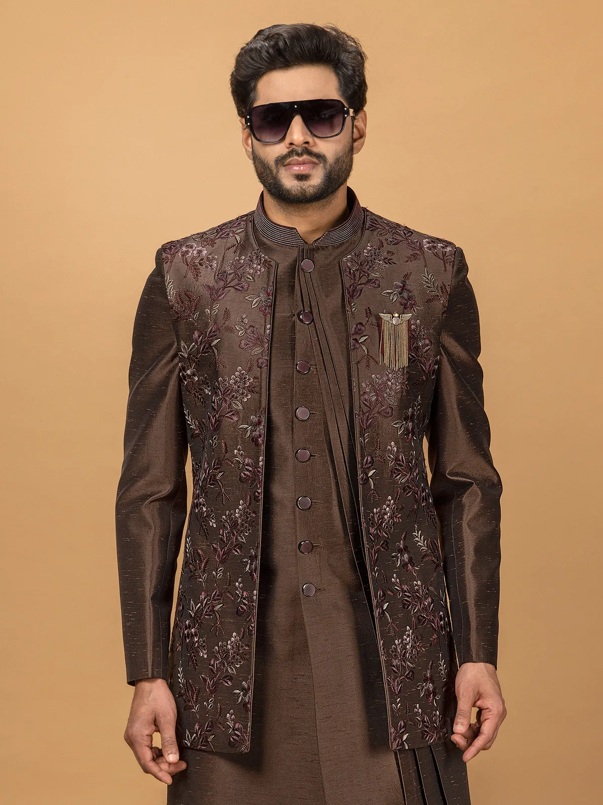 Brown silk indowestern for men