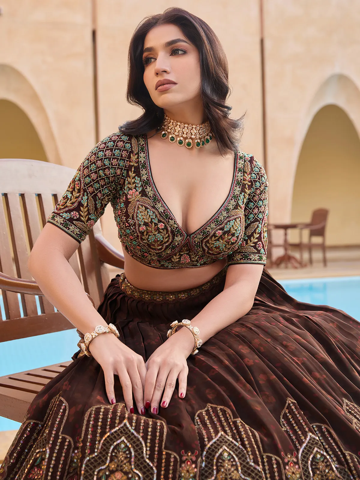 Brown silk lehenga choli with print