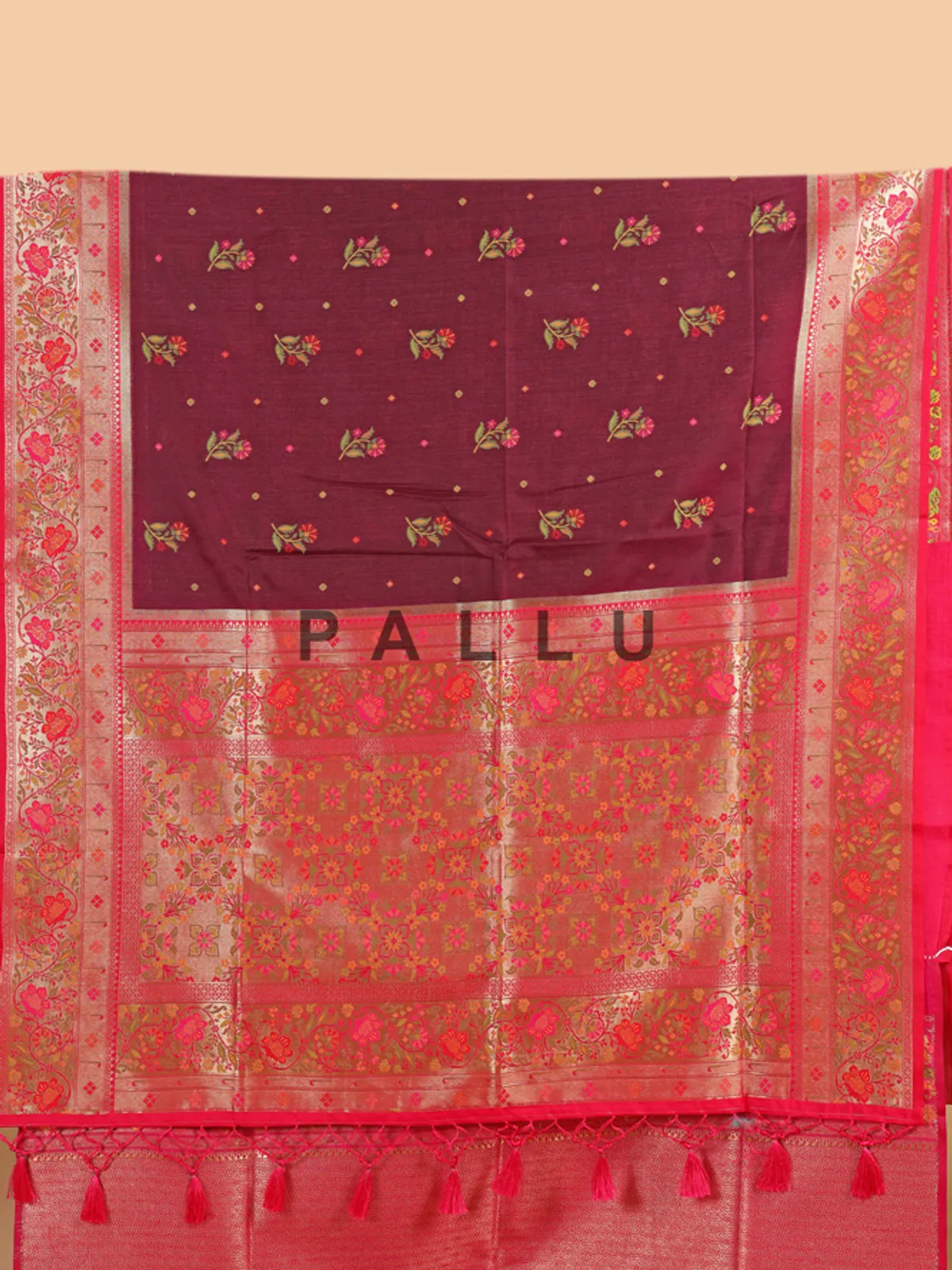 Brown silk saree with red contrast border