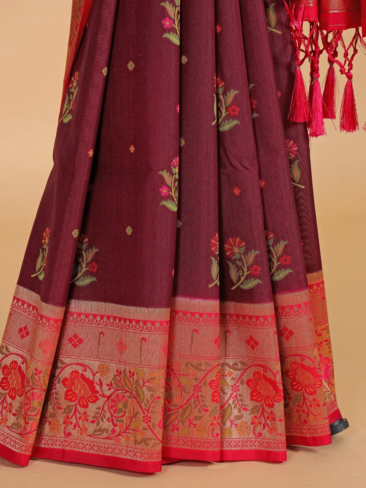 Brown silk saree with red contrast border