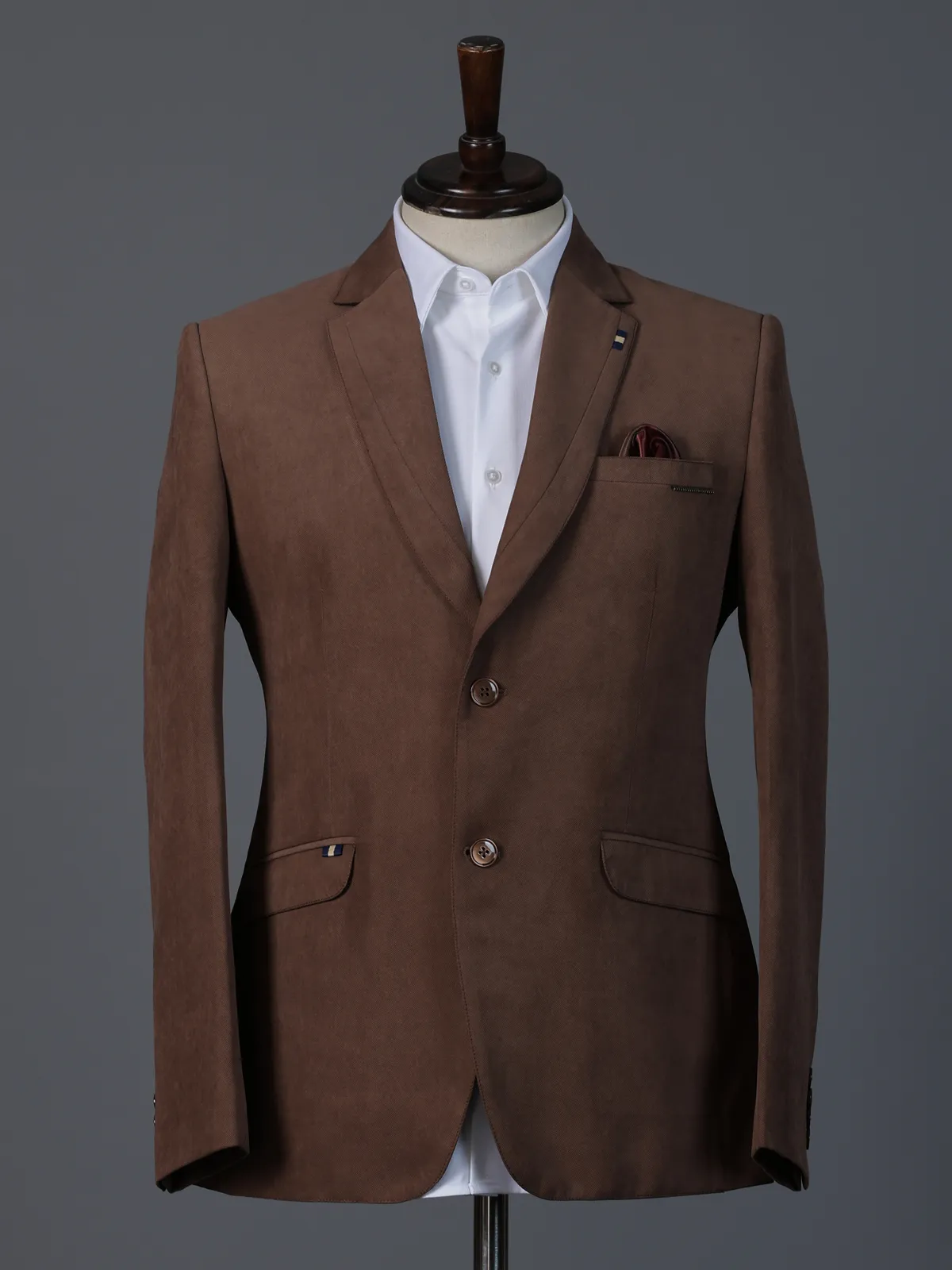 Brown solid terry rayon two button blazer
