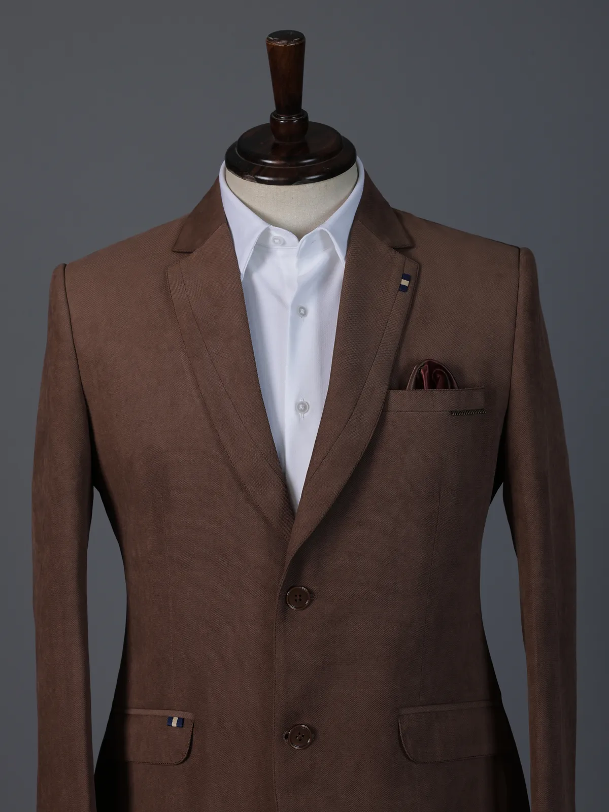 Brown solid terry rayon two button blazer