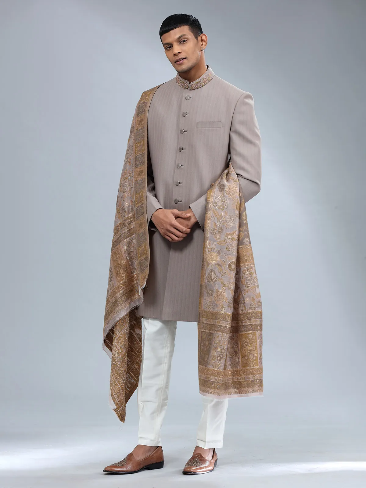 Brown textured terry rayon sherwani for men