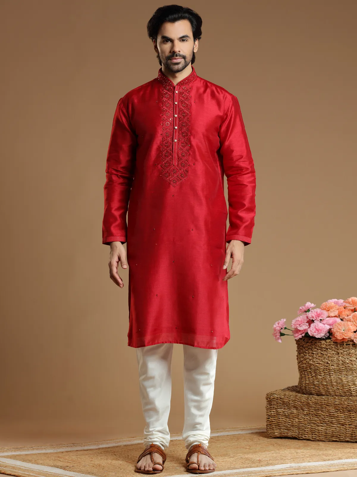 Candy red hued silk  Men Kurta pajama for festivals