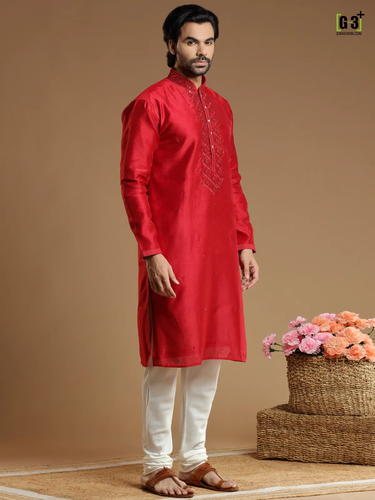 Candy red hued silk  Men Kurta pajama for festivals