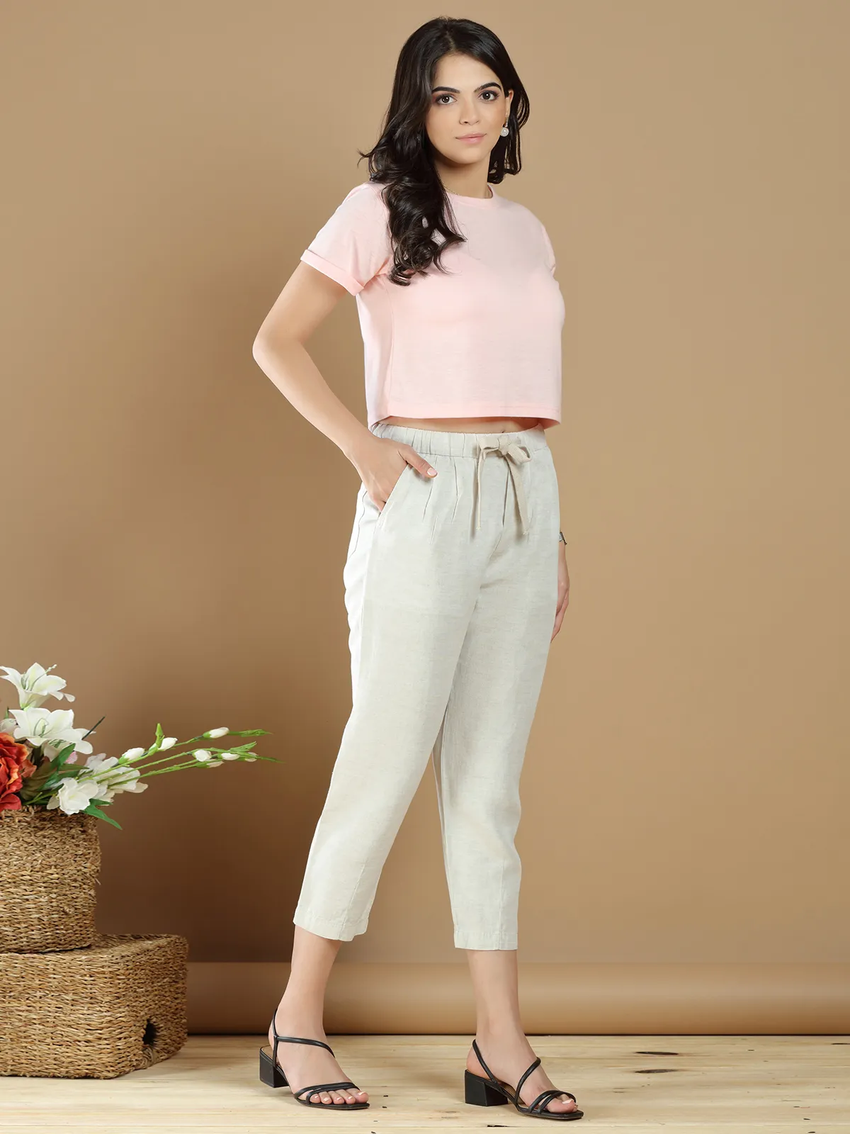 casual wear cream hued cotton plain pant
