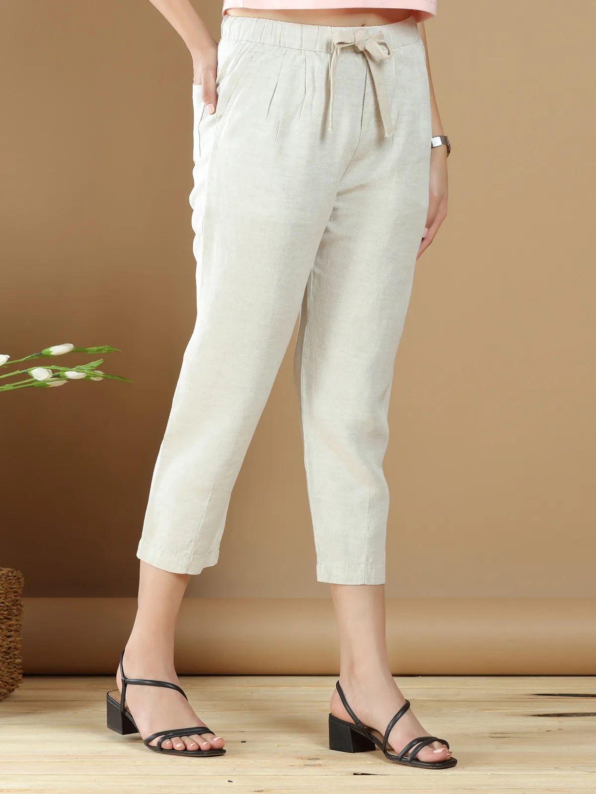 casual wear cream hued cotton plain pant