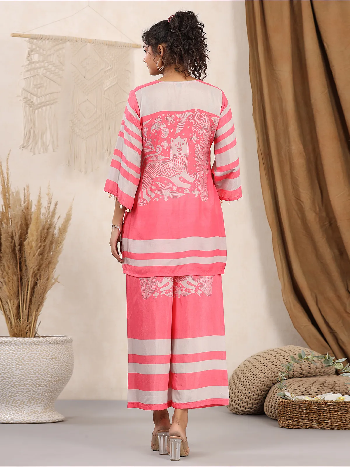 Casual wear pink silk printed co ord set