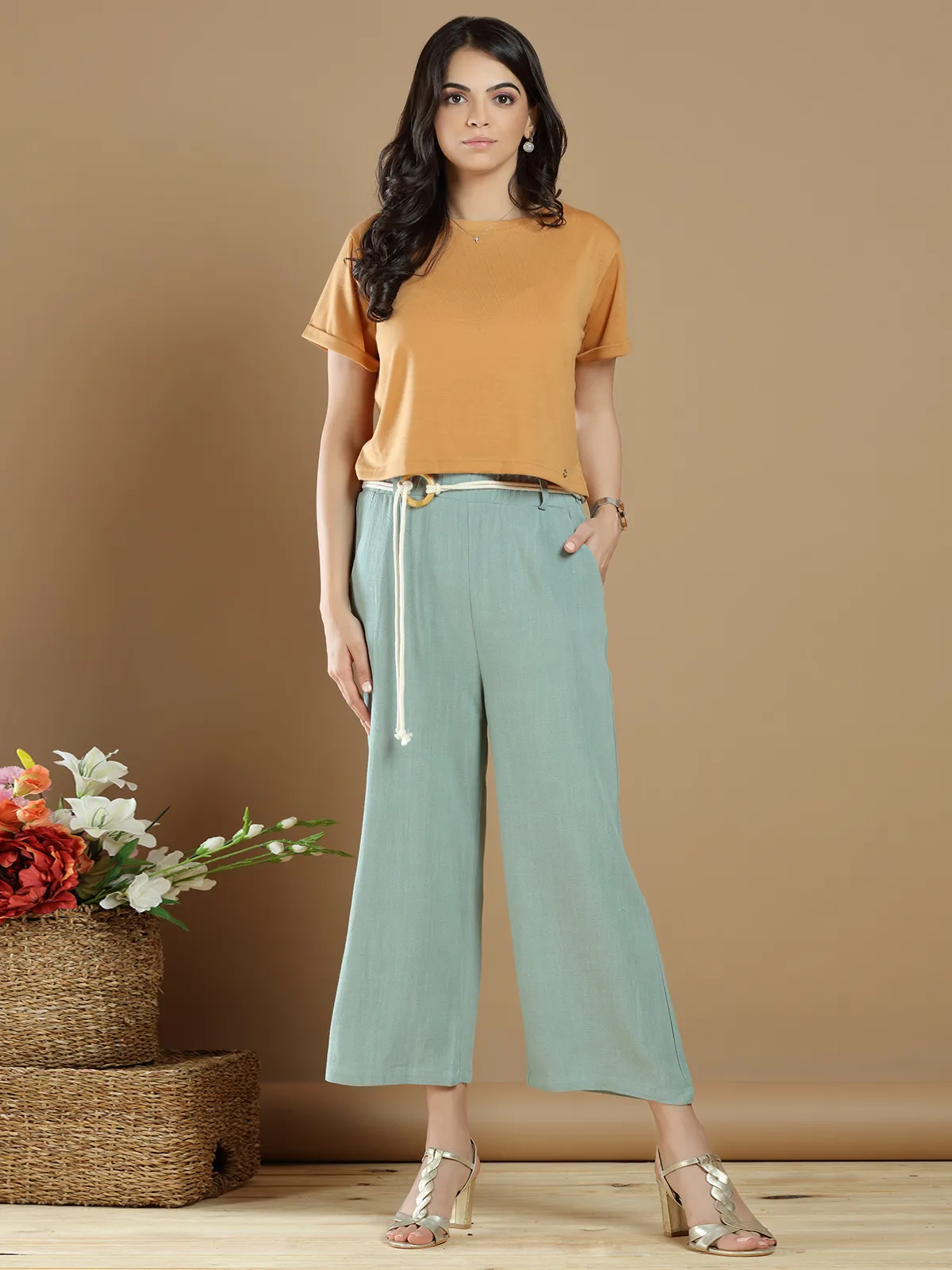 Casual wear pistachio green linen palazzo pant