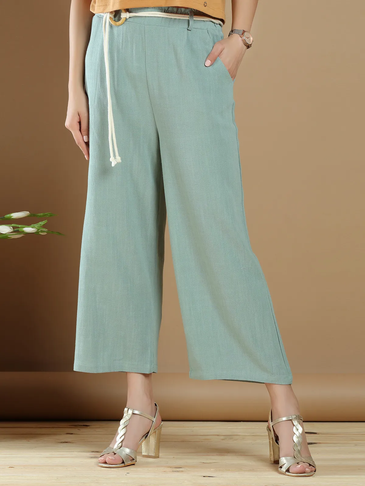 Casual wear pistachio green linen palazzo pant