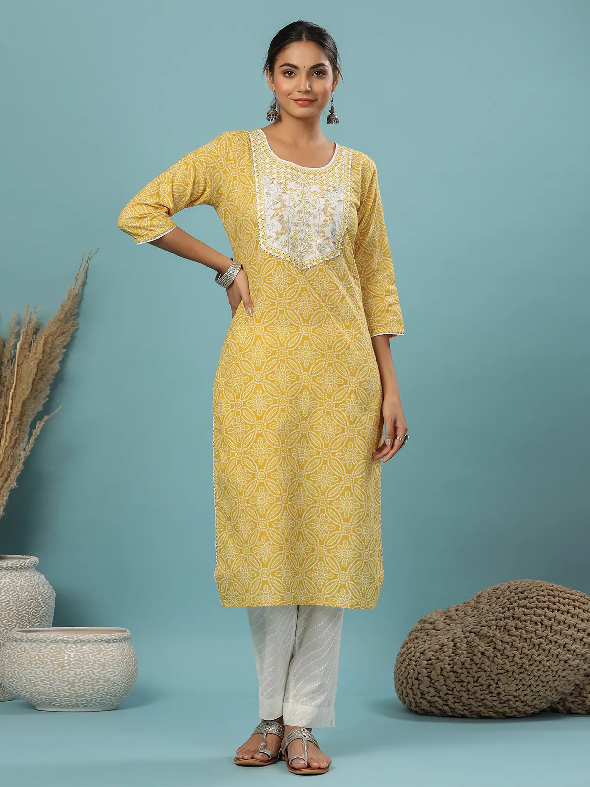 Casual wear yellow cotton printed pant suit