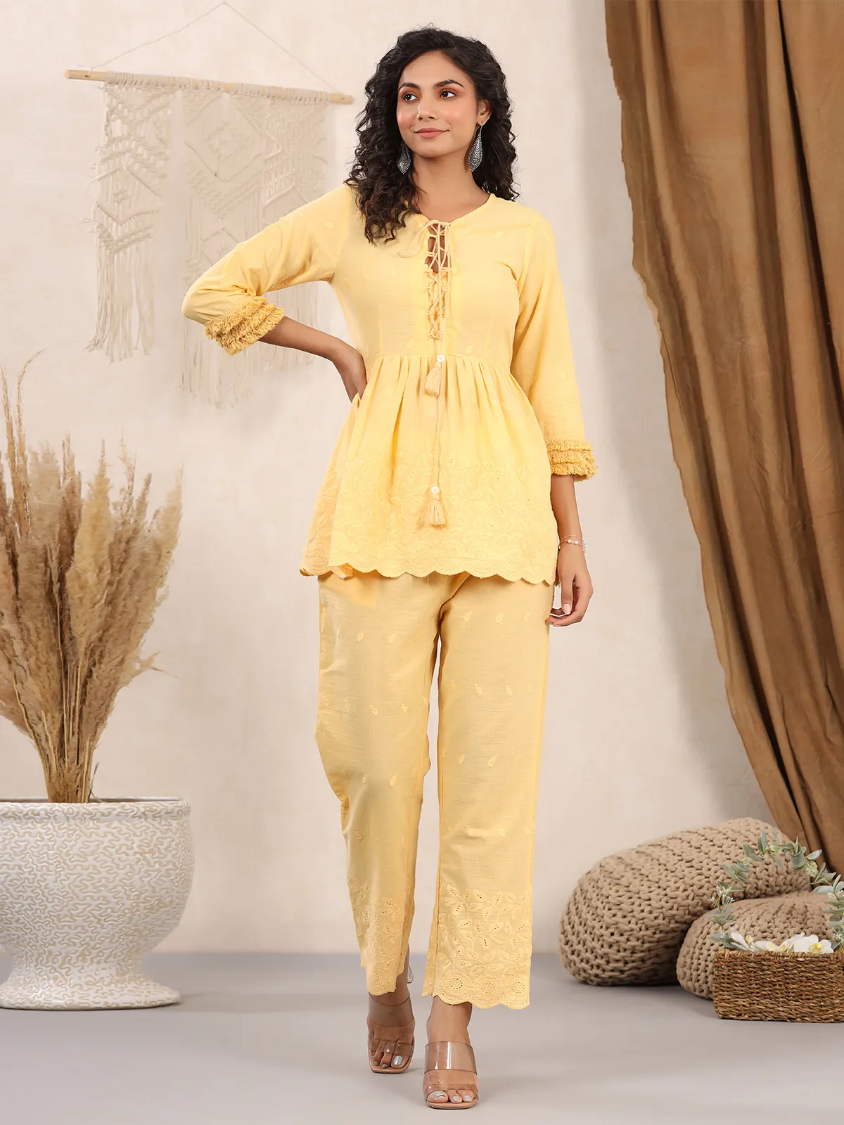 Casual wear yellow plain cotton co ord set