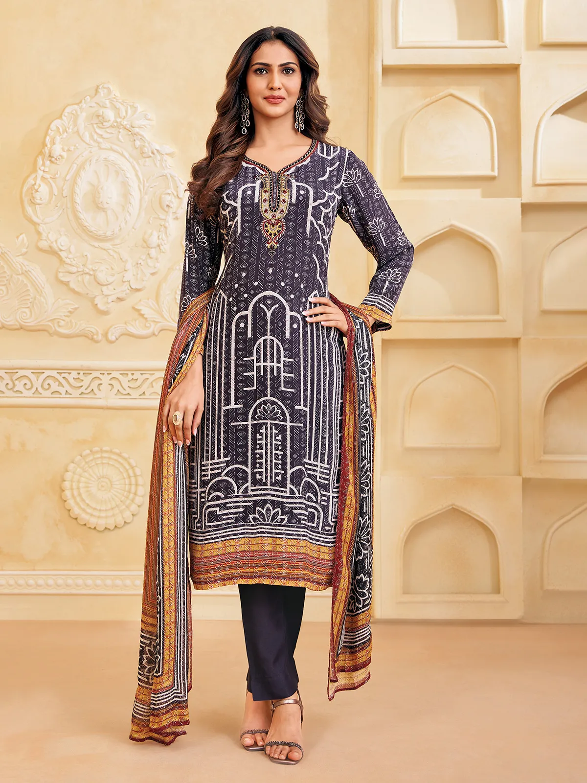 Charcoal black silk straight cut salwar suit