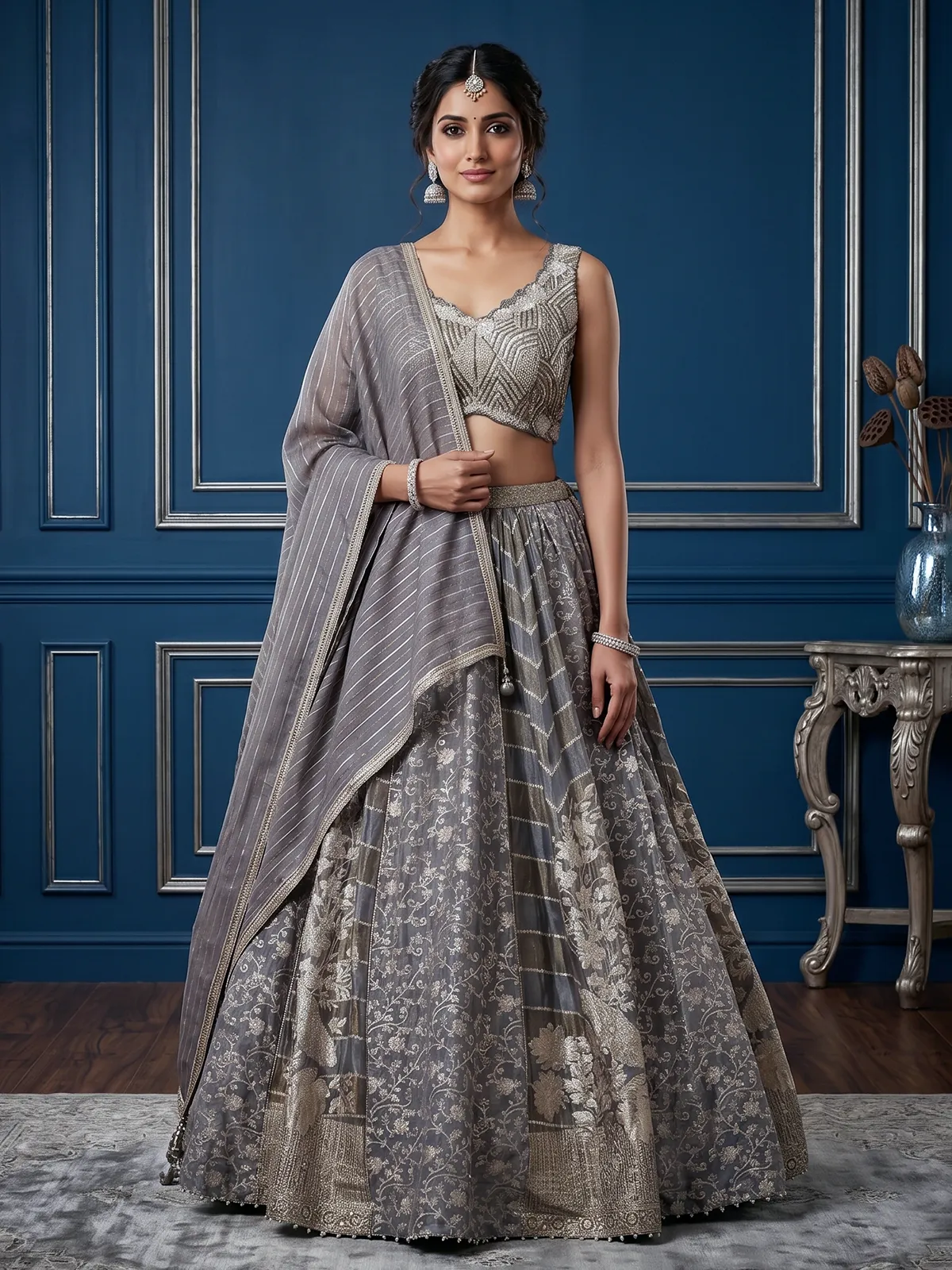 Charcoal grey jacquard lehenga choli with zardosi work-G3-WLC18399