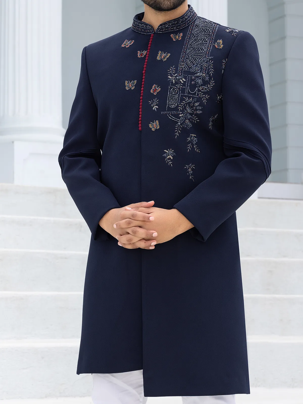 Charming navy blue terry rayon Indowestern