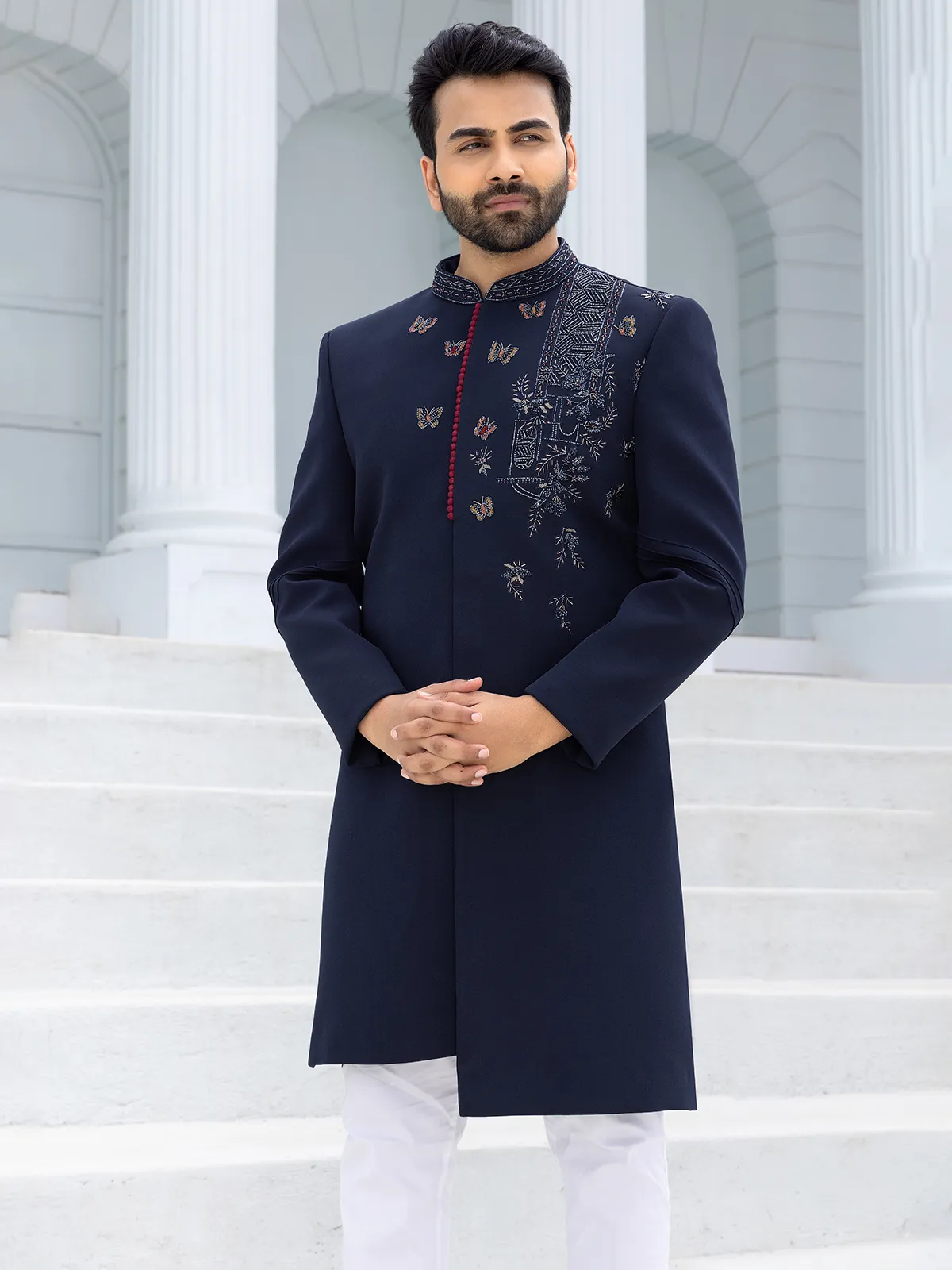 Charming navy blue terry rayon Indowestern