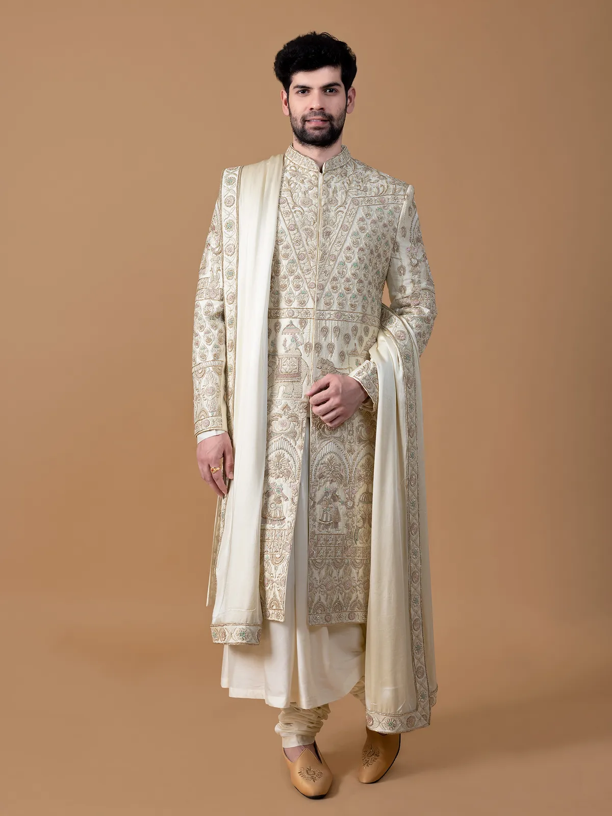 Chic beige raw silk groom sherwani