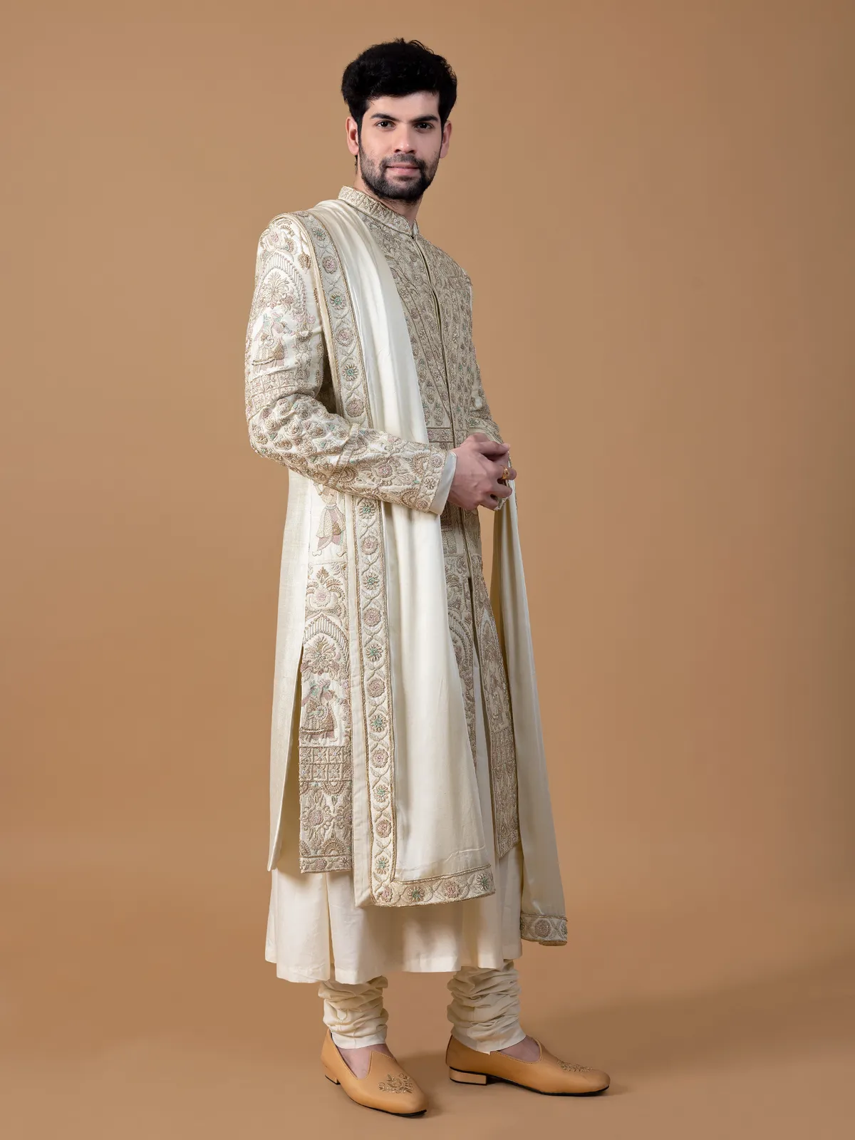 Chic beige raw silk groom sherwani