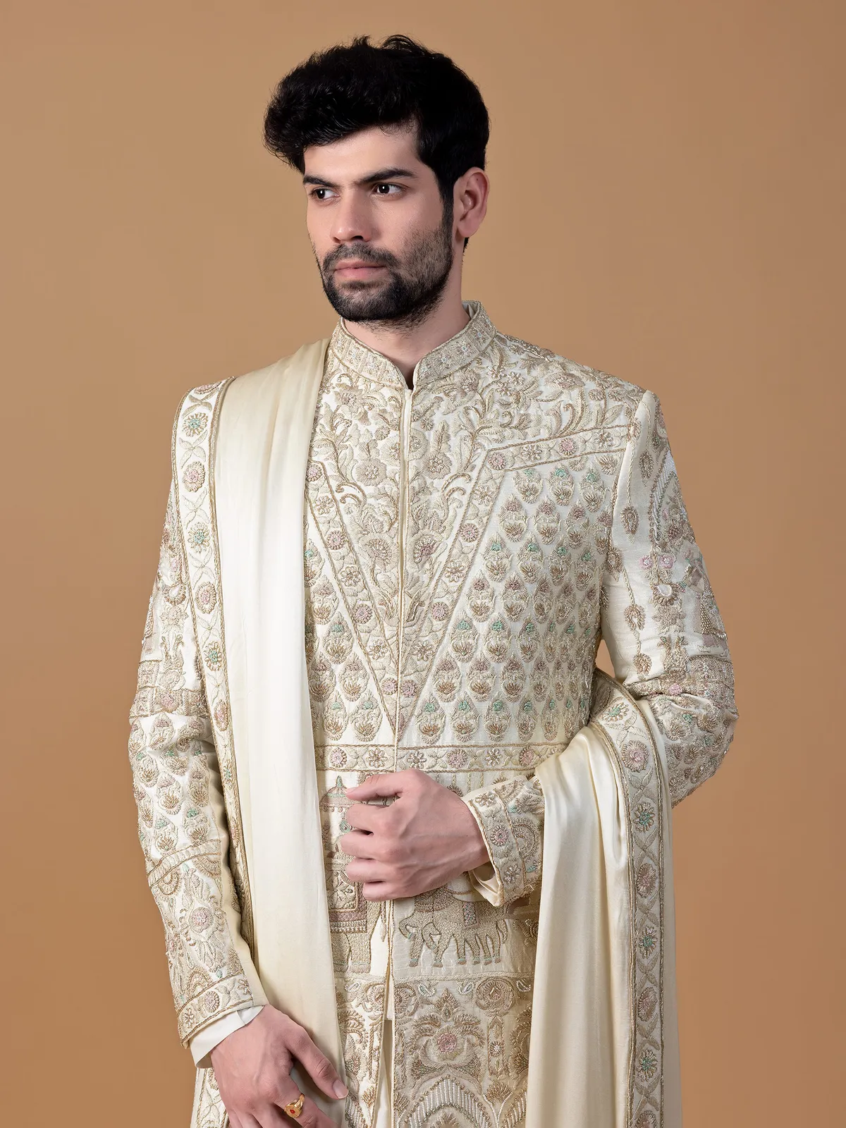 Chic beige raw silk groom sherwani