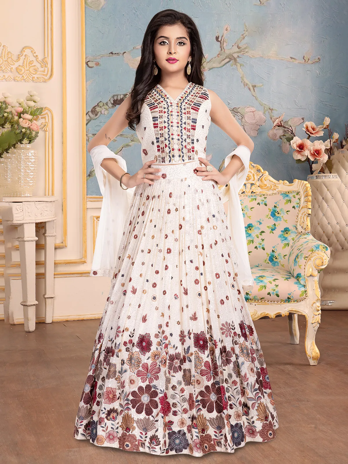 Chic white lehenga choli with resham work