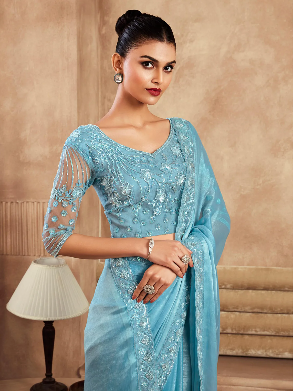 Chiffon silk sky blue party wear saree