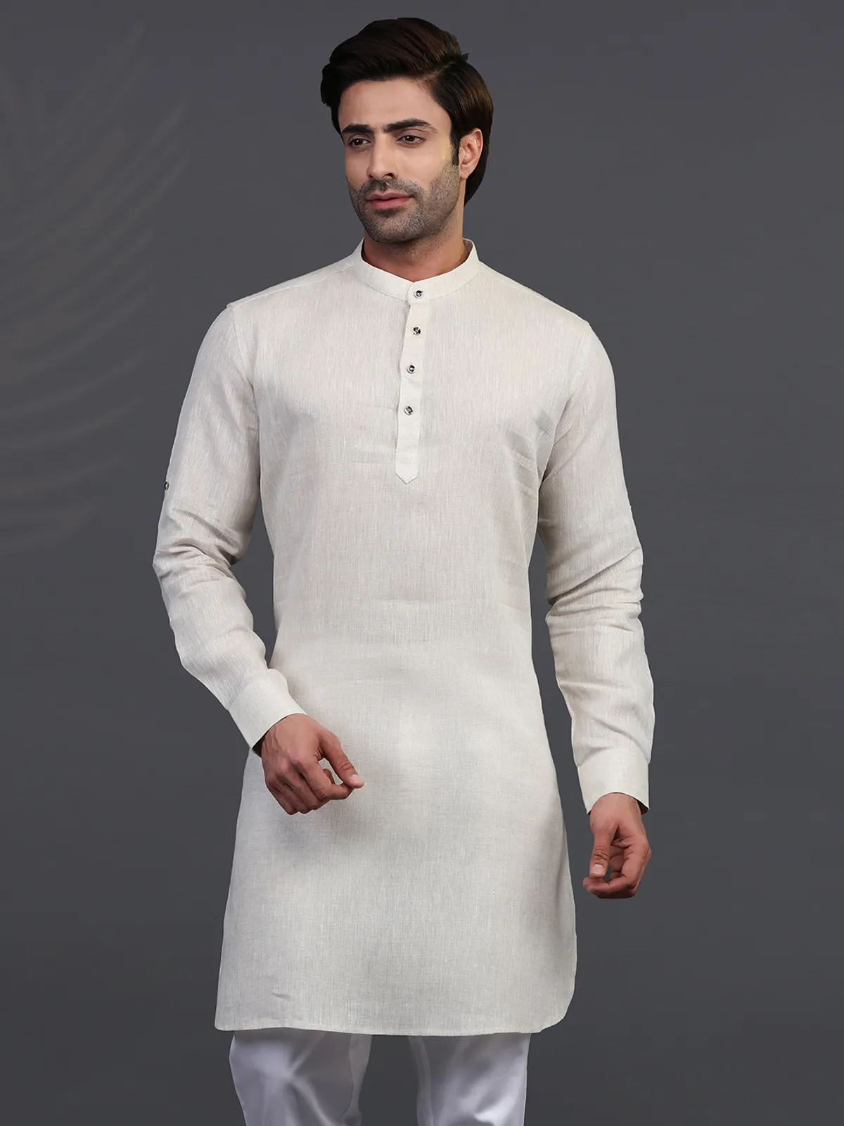 Chinese collar cream linen mens kurta