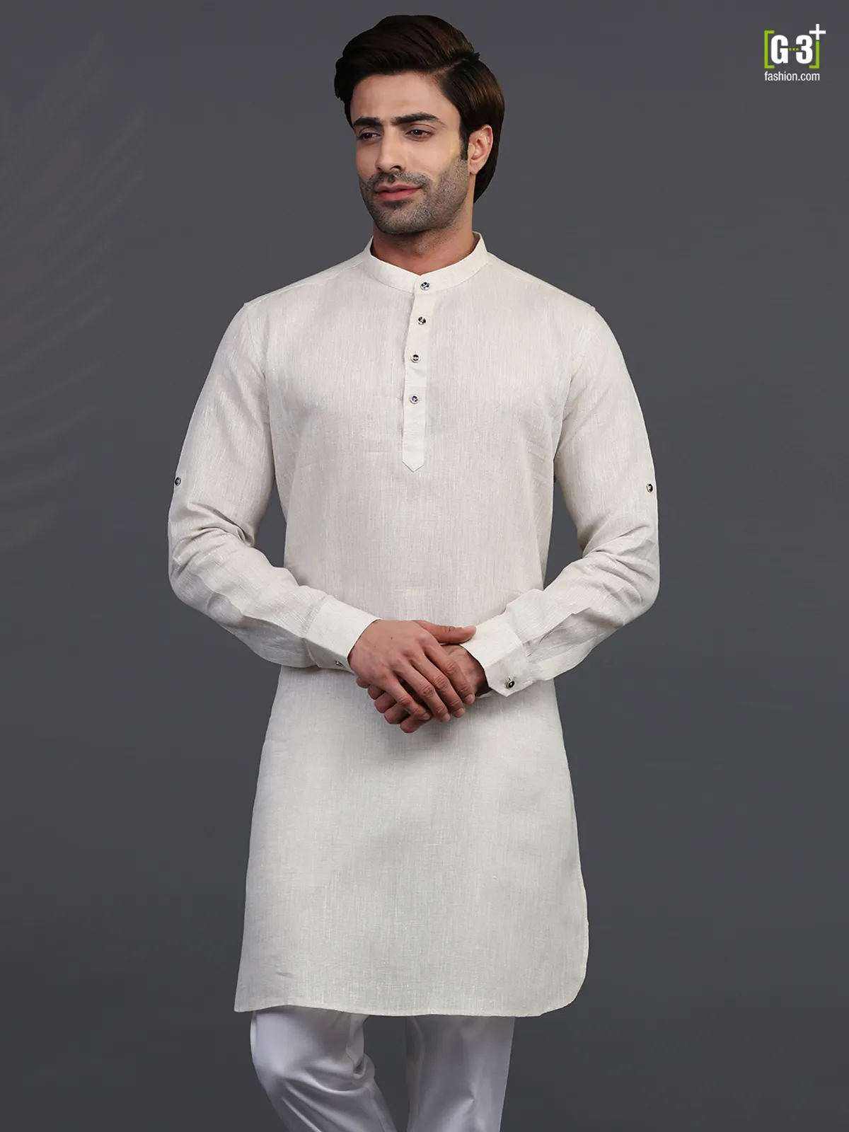 Chinese collar cream linen mens kurta