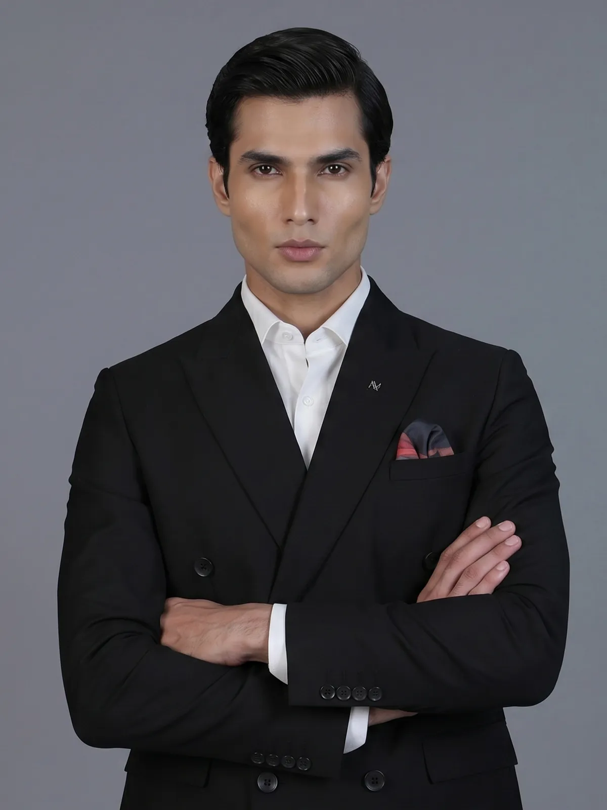 Classic black formal double breasted suit with bold peak lapel