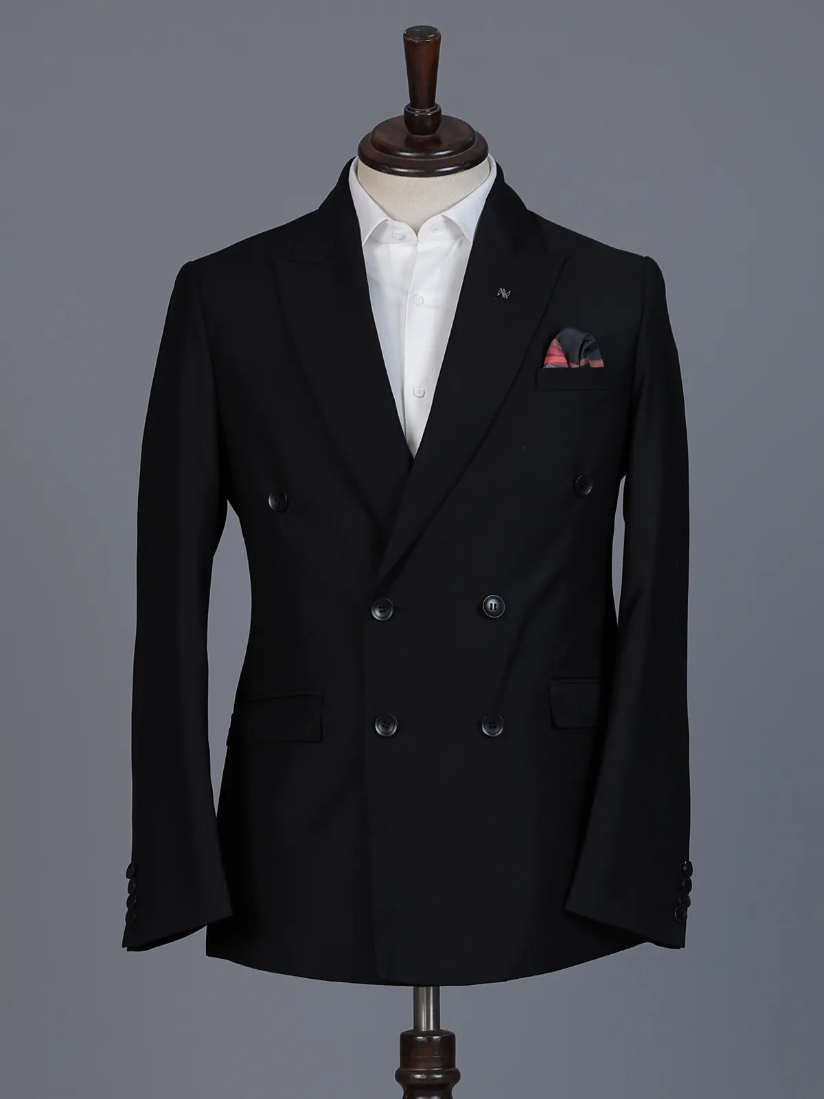 Classic black formal double breasted suit with bold peak lapel