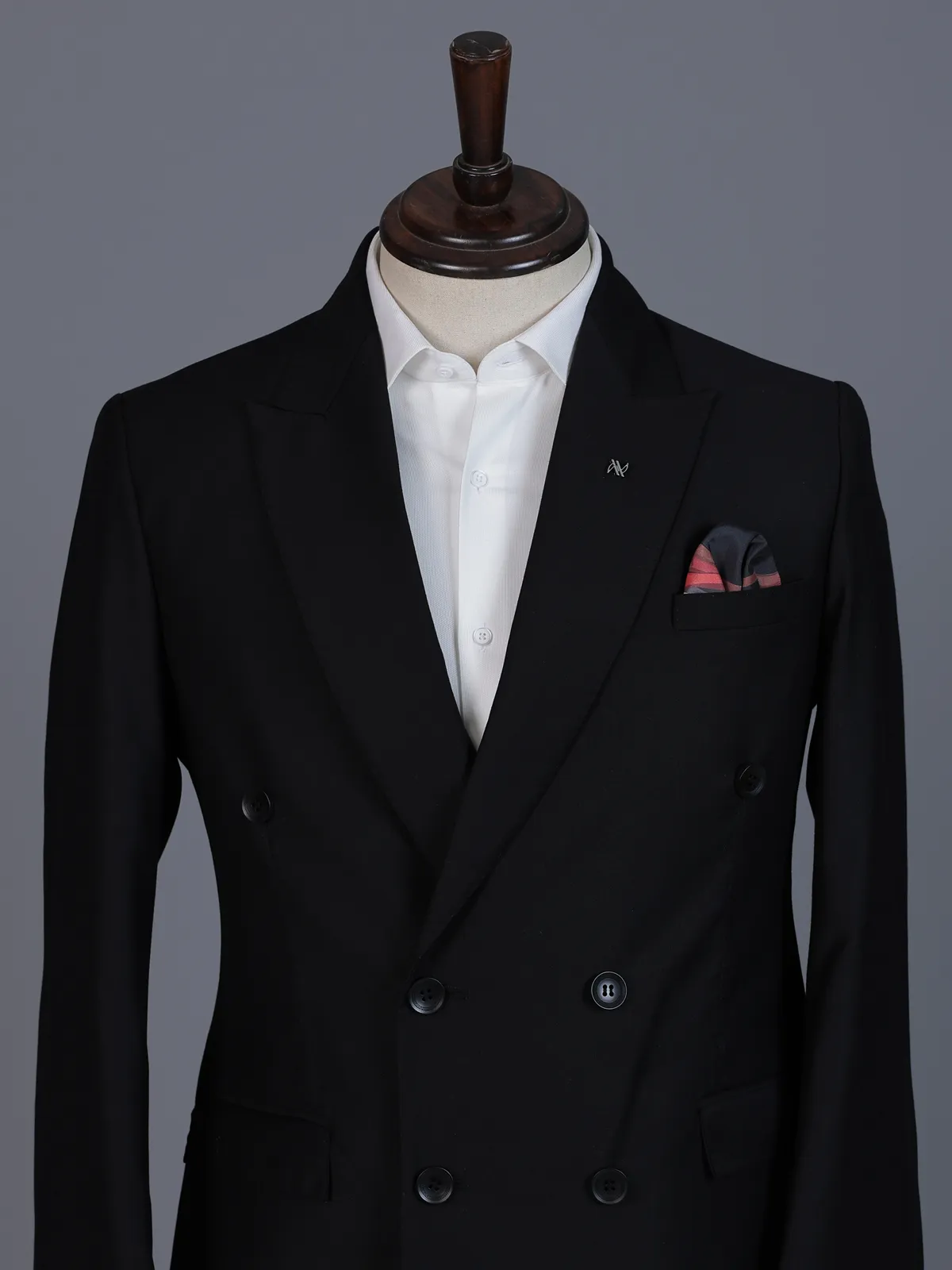 Classic black formal double breasted suit with bold peak lapel