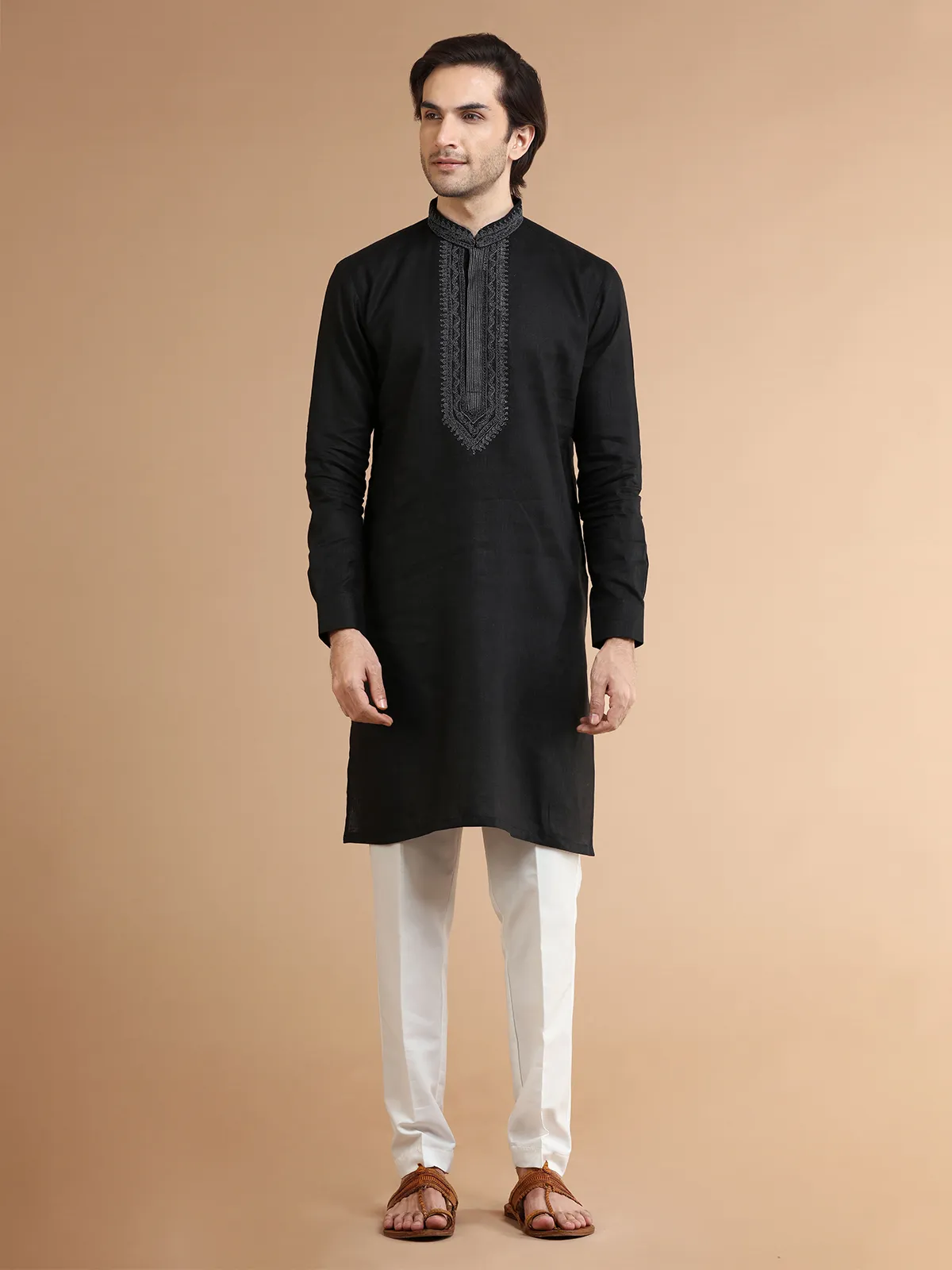 Classic black linen kurta suit
