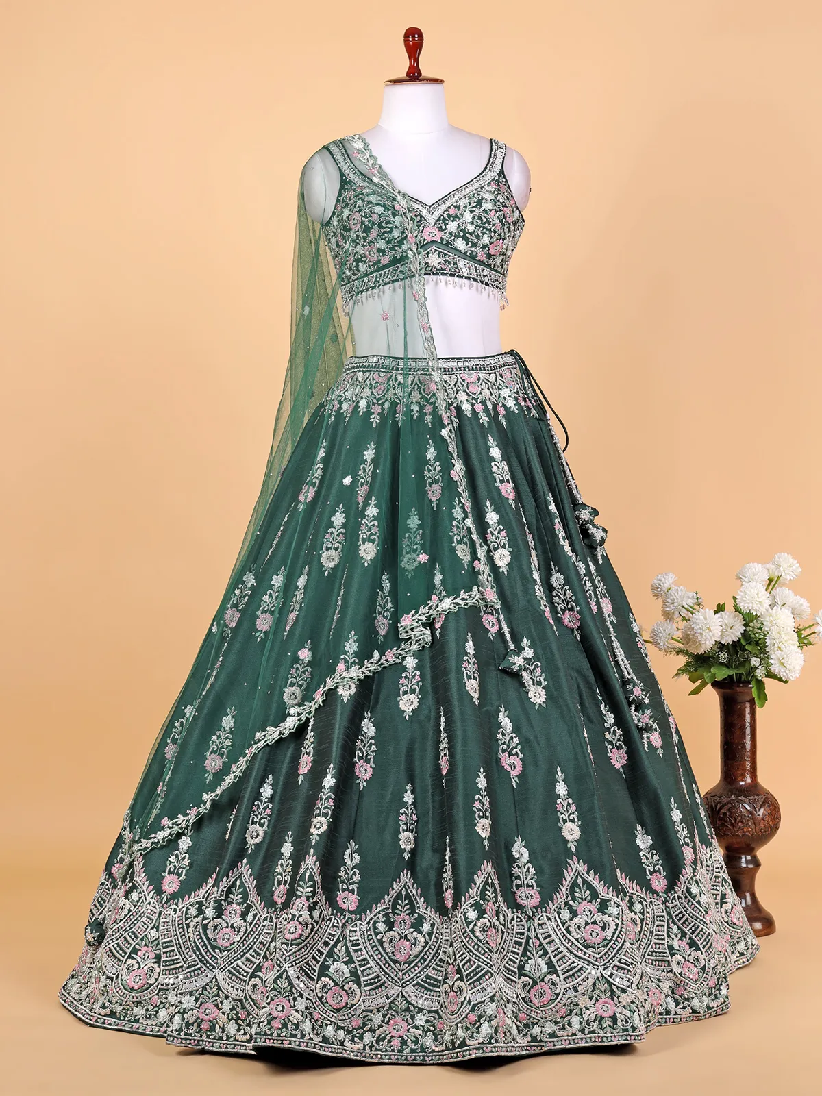 Classic bottle green raw silk lehenga choli