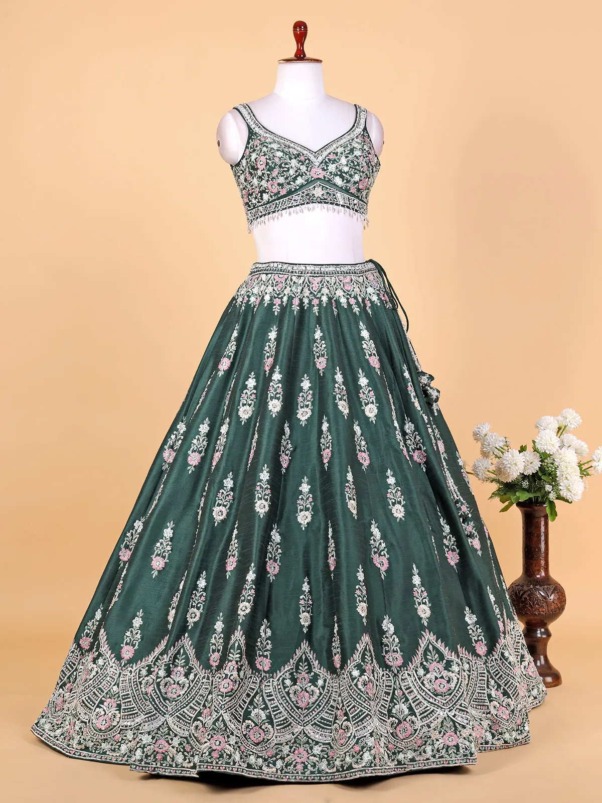 Classic bottle green raw silk lehenga choli