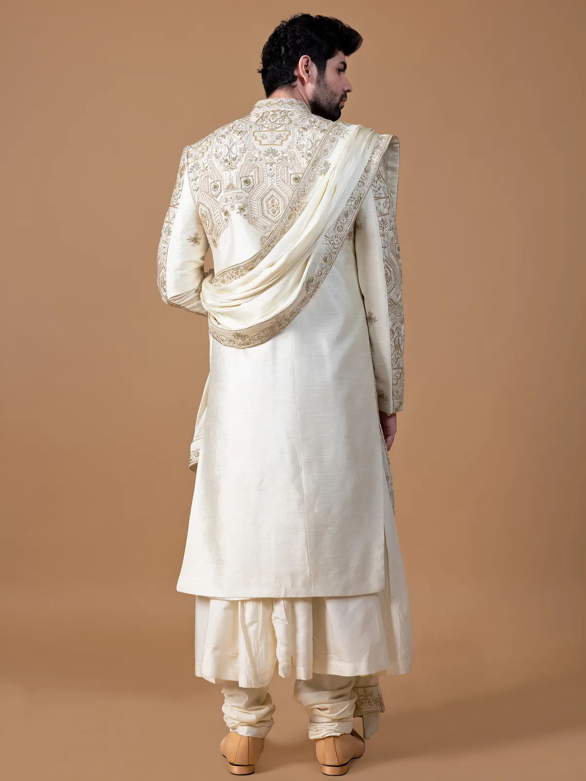 Classic cream groom sherwani in raw silk