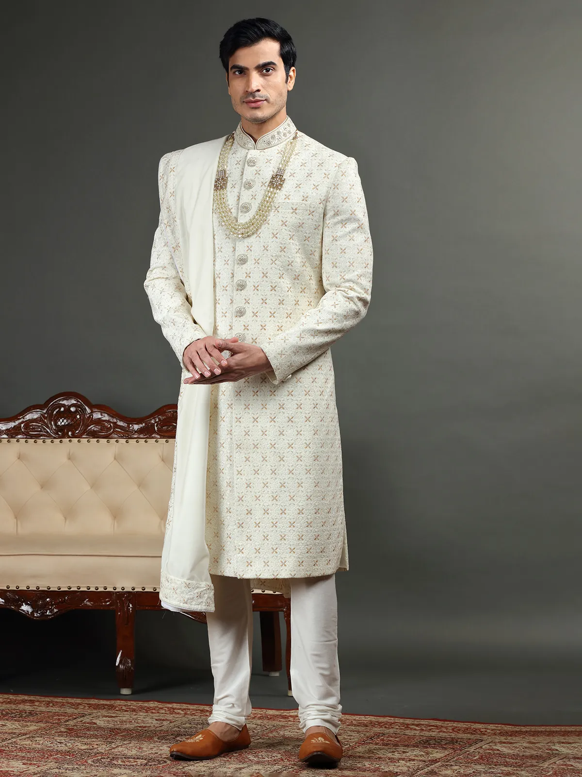 Classic cream sherwani in silk